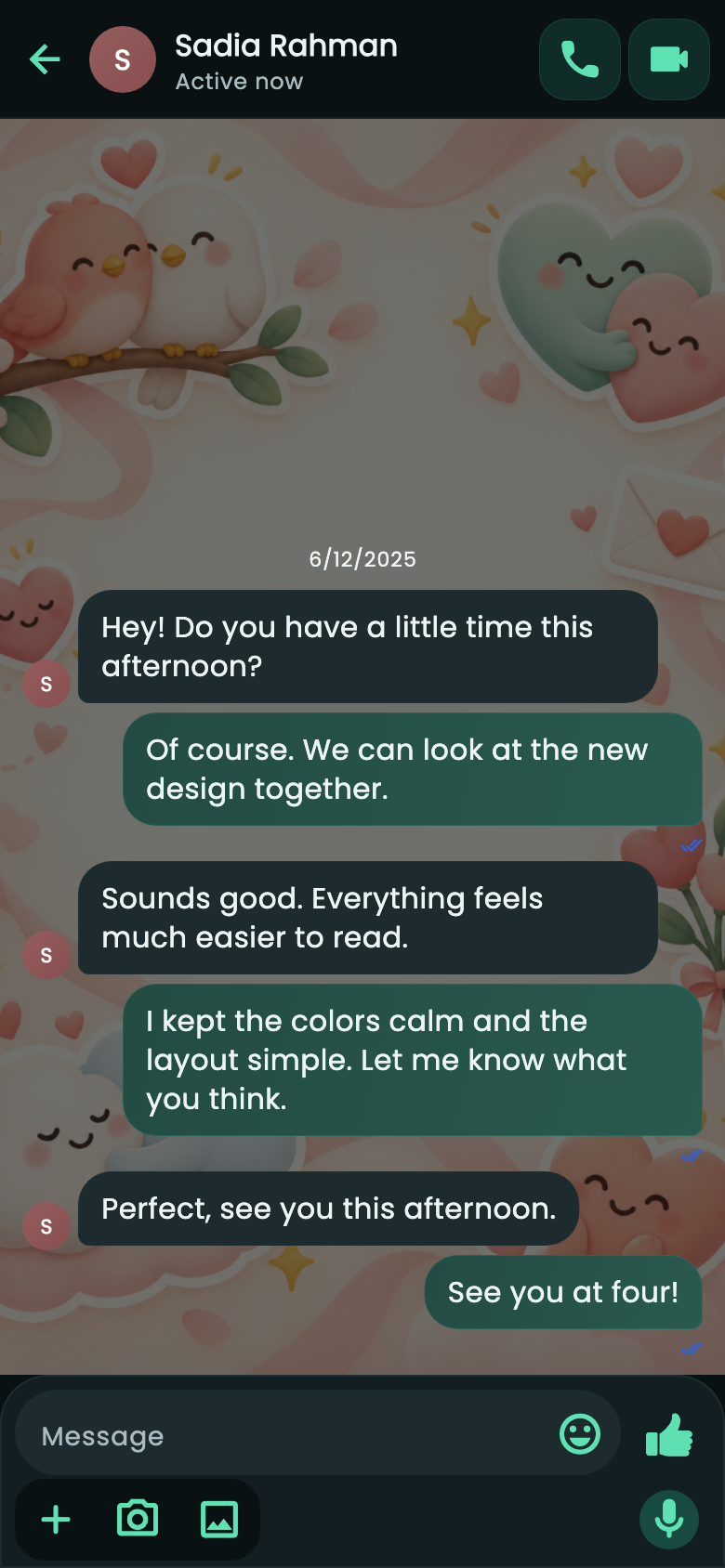 UmeCall chat with a playful bird-and-heart sticker wallpaper and fictional messages